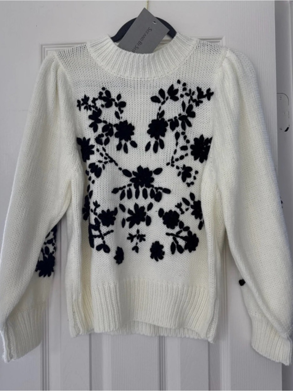 Women's Cream Crewneck Sweater with Black Floral Appliqué